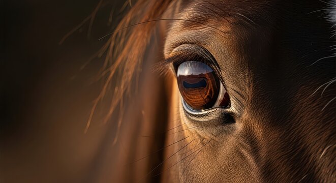 close-up of horse eye with emotional expression in warm natural lighting