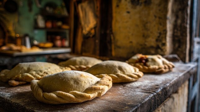 Rustic Italian Panzerotti Dough Rounds Resting on Wooden Counter in Traditional Bakery Kitchen