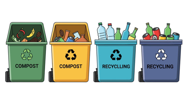 Four colored bins for waste sorting: compost, compost, recycling, recycling.