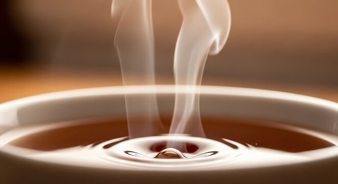 Close up steaming hot coffee cup with surface ripples and rising steam.