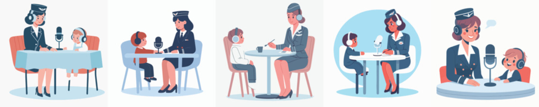 Vector of a flight attendant doing a podcast with a small child