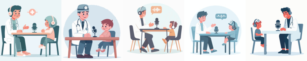 Obraz premium vector of a doctor doing a podcast with a small child