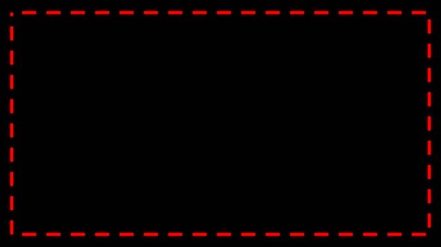 A simple rectangular frame made of a dashed red line isolated on a solid black background for design