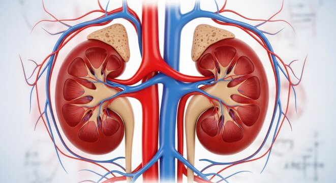 Detailed anatomical illustration of human kidneys and associated vessels