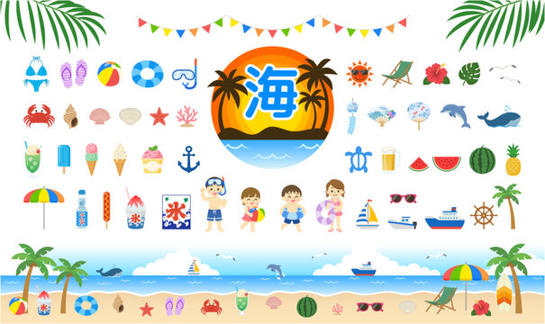 夏の海水浴イラスト素材セット｜ビーチ・マリン・夏アイコン・フレーム背景