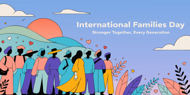 International families day illustration with diverse people and colorful landscape