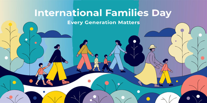 International families day celebration with diverse people of all generations walking together