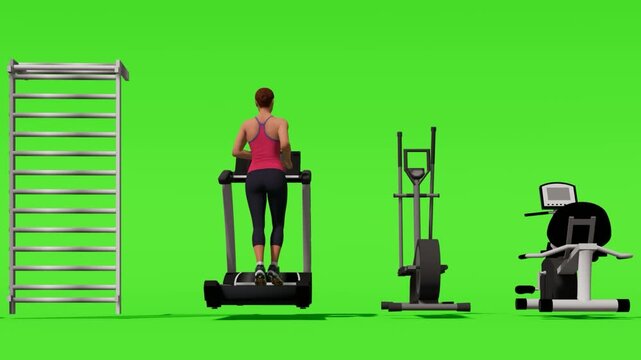 Athletic woman running on a treadmill in a modern gym with fitness equipment on a green screen background, ideal for sports, workout, health, and lifestyle concepts
