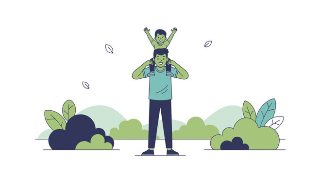 Happy Father Son Shoulder Ride Outdoor Adventure Joyful Family Bonding Illustration