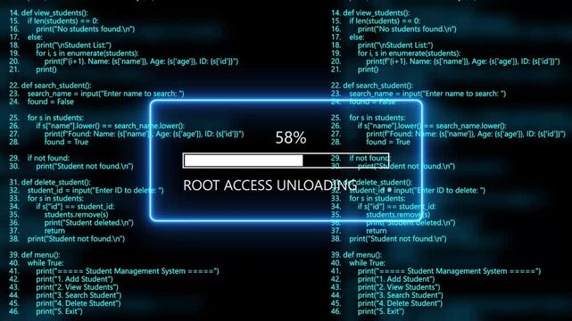cyan glowing root access unloading loading bar animation with digital binary code and cyber programming background. Programming code hacking concept.4k animation