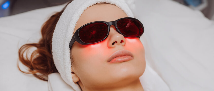 Young woman laser facial treatment goggles spa clinic, relaxing skin therapy light procedure beauty care rejuvenation facial cosmetic equipment
