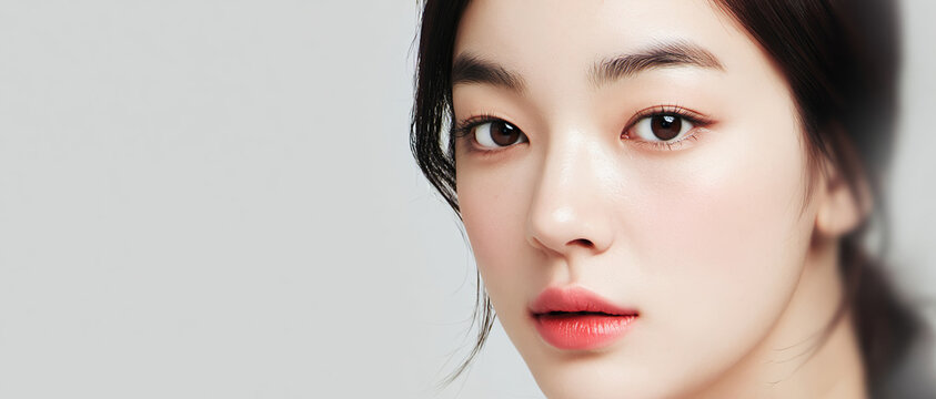 Beautiful young woman clean fresh skin face care facial treatment cosmetology beauty soft natural portrait closeup on light background