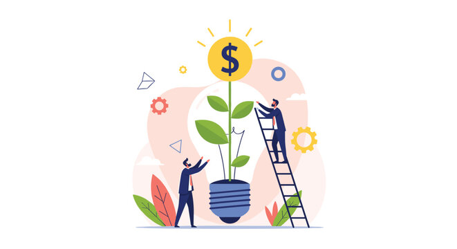 Team of businessmen using ladders to cultivate a plant growing from a lightbulb base with a dollar sign coin on top.
