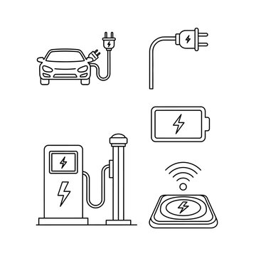 Electric vehicle charging and wireless power technology icon set