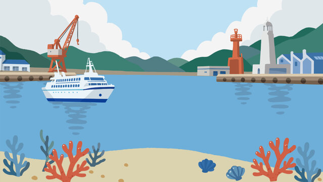A vector illustration banner depicting a Japanese summer harbor scene with a lighthouse and a ferry.