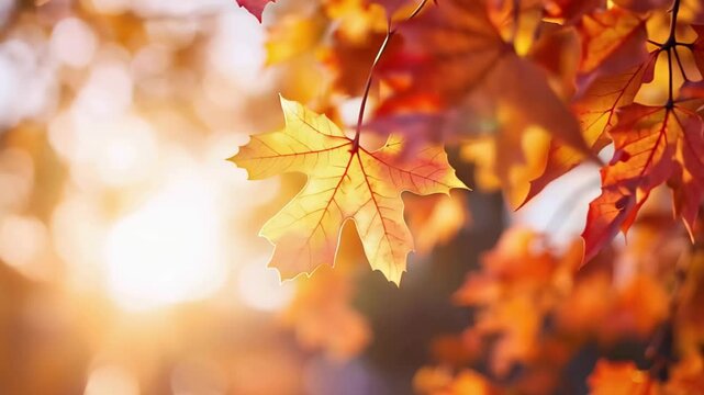 Colorful autumn leaves hang from a branch in a forest while sunlight filters through the trees in the early evening