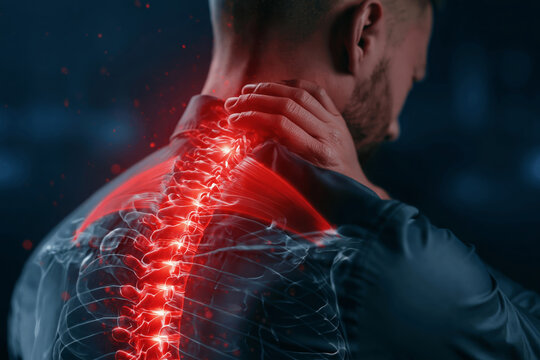 Neck pain anatomy trapezius muscle tension spine inflammation neck strain symptom ergonomic health massage therapy man back view red glow