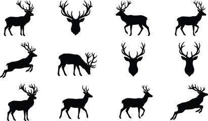 Fototapeta premium Collection of black silhouette deer illustrations in various poses