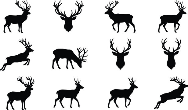 Collection of black silhouette deer illustrations in various poses