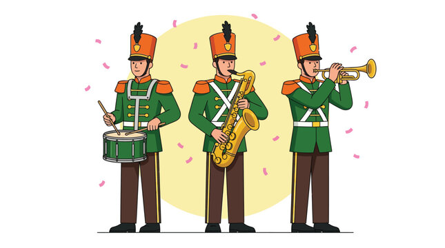 Three Marching Band Musicians Playing Drum Saxophone and Trumpet in Uniform with Confetti for Parade Celebration Illustration
