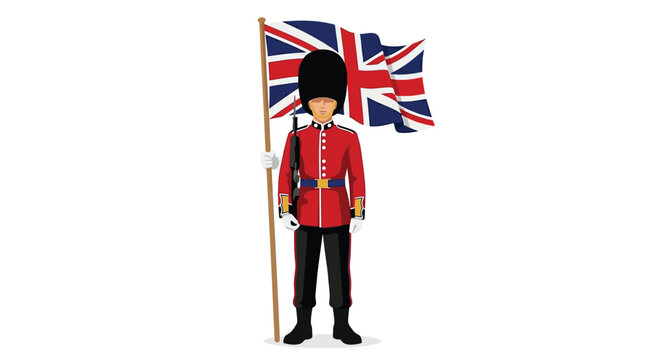 Royal Guard in Red Ceremonial Uniform Holding National Flag Vector Illustration Isolated on White Background