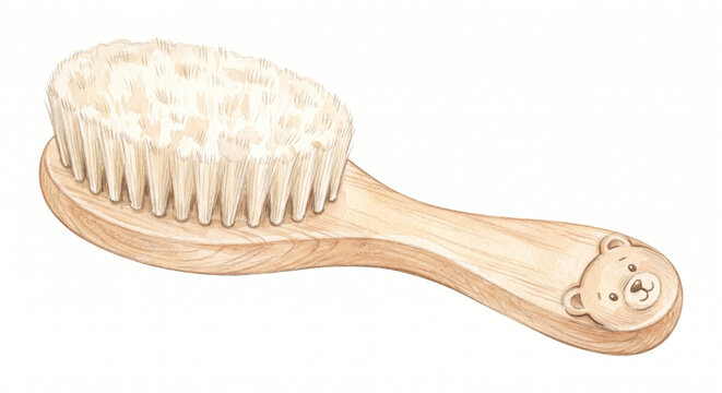 ベビー用ヘアブラシ（木製・くま柄）の優しい手描きイラスト・アイコン