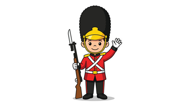 Cute Cartoon Royal Guard Character in Red Uniform Holding Rifle and Waving Hand Isolated on White Background