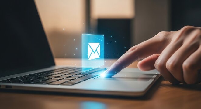 Cybersecurity concept hand interacting with email icon on laptop trackpad