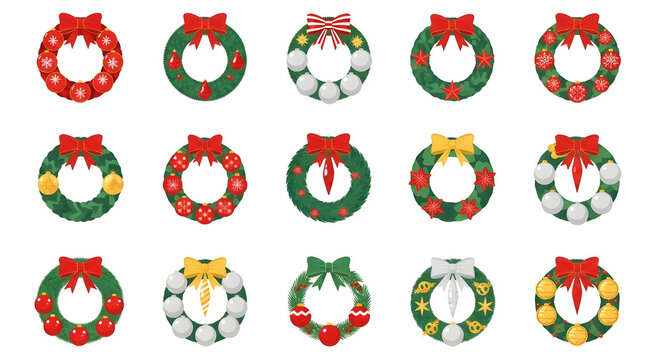 Collection of fifteen diverse christmas wreaths with red yellow and white ornaments and bows holiday decoration