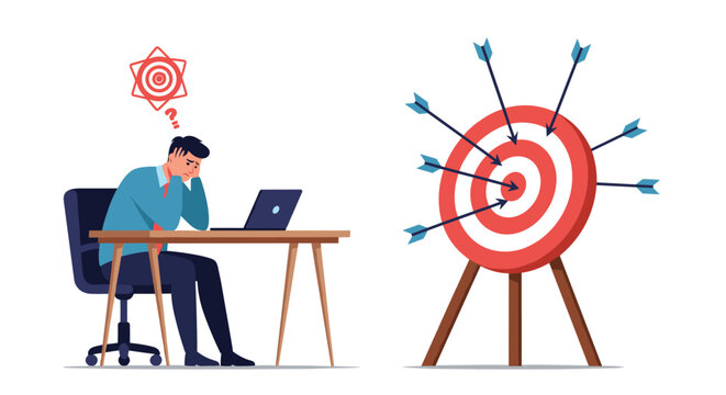 Stressed businessman sitting at his desk with a laptop next to a large archery target filled with missed arrows.