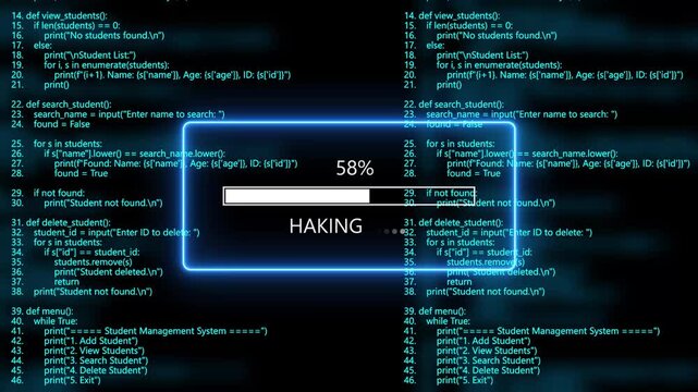 cyan glowing hacking loading bar animation with digital binary code and cyber programming background. Programming code hacking concept.4k animation
