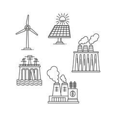 Fototapeta premium Energy sources illustration wind turbine solar panel power plant and more