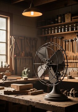 Vintage electric fan in workshop
