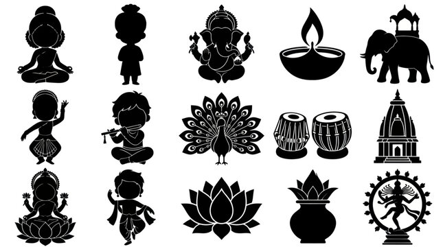 Indian Culture Icons Set: Hindu Gods, Elephant, Temple, Peacock, Tabla Drums