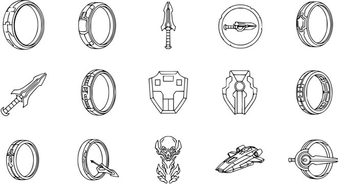 Sci-Fi Fantasy Gaming Icons Set. Black and White Line Art Outline Vector Collection of Futuristic Weapons, Shields, Rings, Spaceship, and Skull Assets.