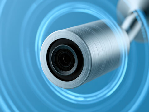 Metallic camera lens with blue digital rings and futuristic technology concept in background