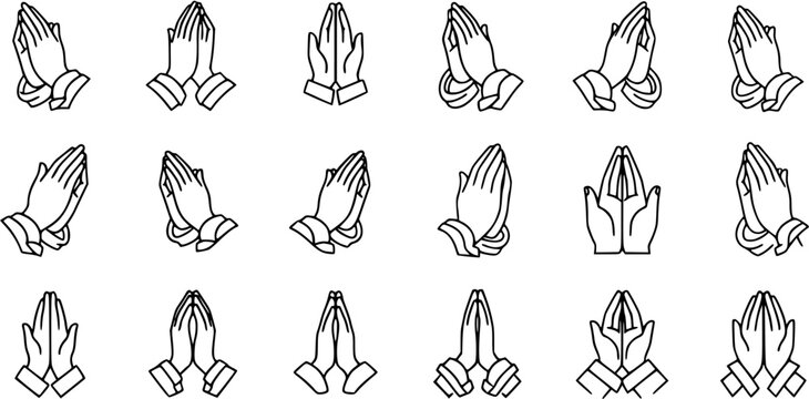 Praying Hands Line Art Icon Set - Black and White Glyphs for Religion, Spirituality, Faith, and Hope Concepts