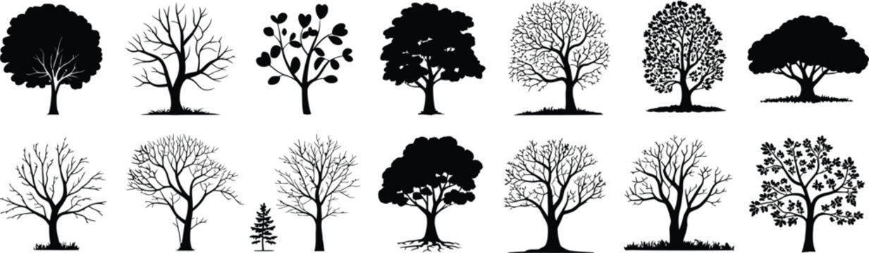 Collection of black tree silhouettes 