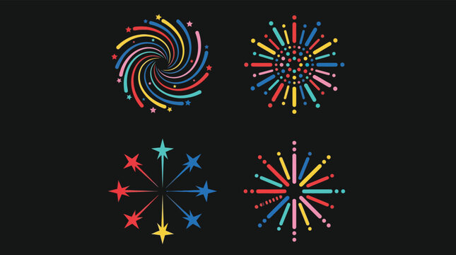 Set of colorful stylized firework icons and star bursts isolated on black background for holiday celebrations and party design