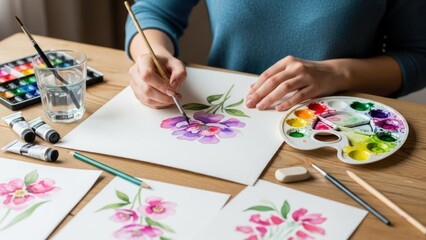 Naklejka premium A person in a teal shirt painting flowers on paper with watercolors