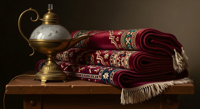 Traditional brass oil lamp with red folded prayer rugs