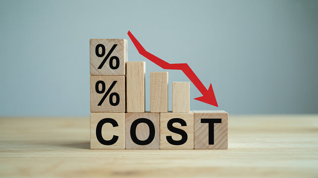Decreasing cost percentage represented with wooden blocks and downward arrow