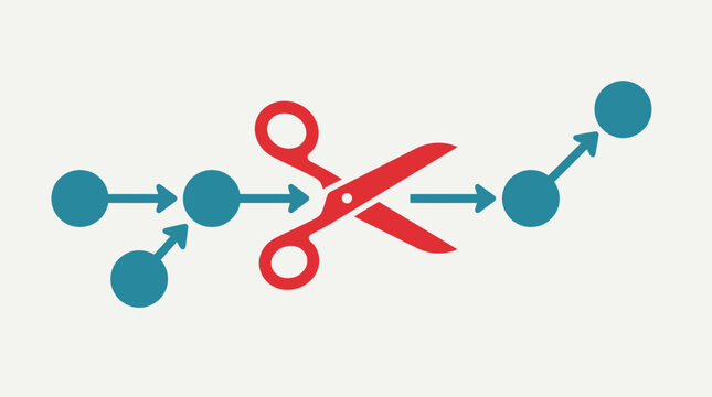 Business Process Optimization and Strategic Cost Reduction Concept, Minimalist Red Scissors Cutting Corporate Workflow Path, Hero Header for Financial Efficiency and Project Interruption.