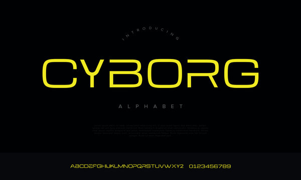Cyborg wide techno futuristic alphabet font with neon yellow letters for gaming and sci fi movie titles