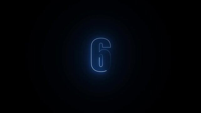Neon number 6 Countdown Animation, Clean Numeric Progress Loop on black Background