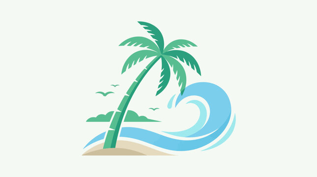 Minimalist Tropical Beach Illustration with Palm Tree and Ocean Wave for Eco-Tourism Branding, Summer Vacation Marketing, and Coastal Travel Website Banner with Design Space