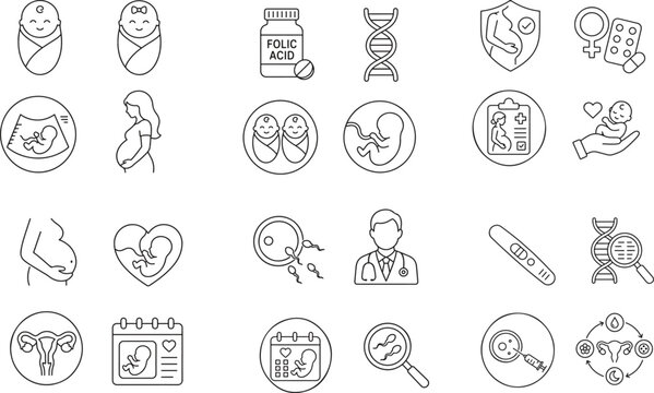 pregnancy related icon set collection vector related to pregnancy stages Folic acid supplement schedule to doctor etc