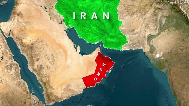 Animated map showing the geography of Oman and Iran in video footage