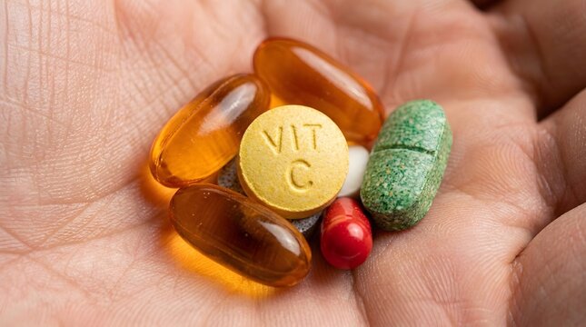 Hand holding various colorful vitamin pills.