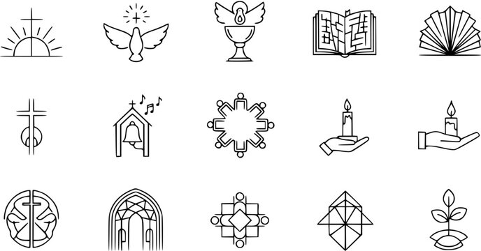Black and White Line Art Icons of Christian Symbols: Cross, Dove, Bible, Candle, Church